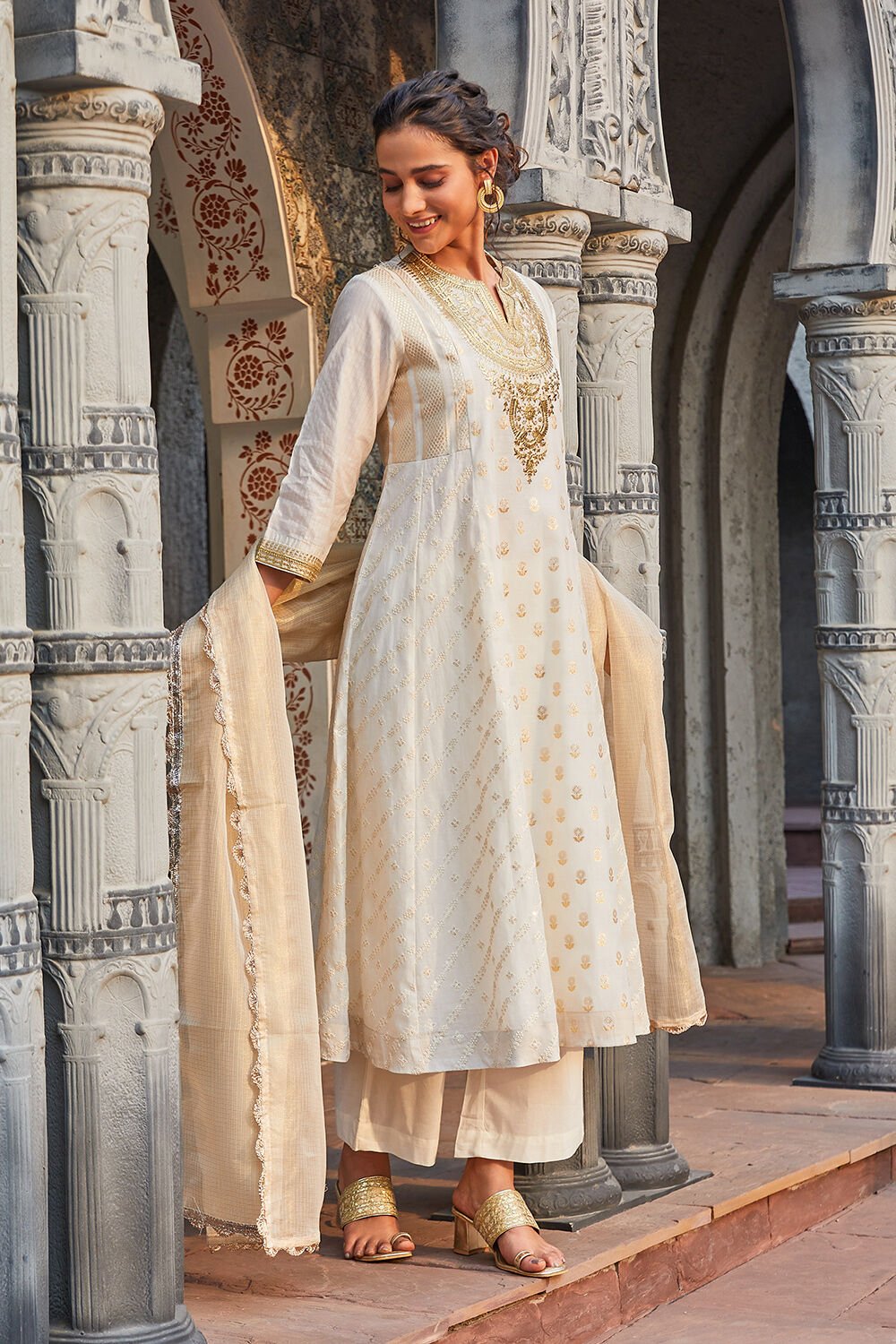 Off white Yard dyed A Line Palazzo Suit Set at Biba India