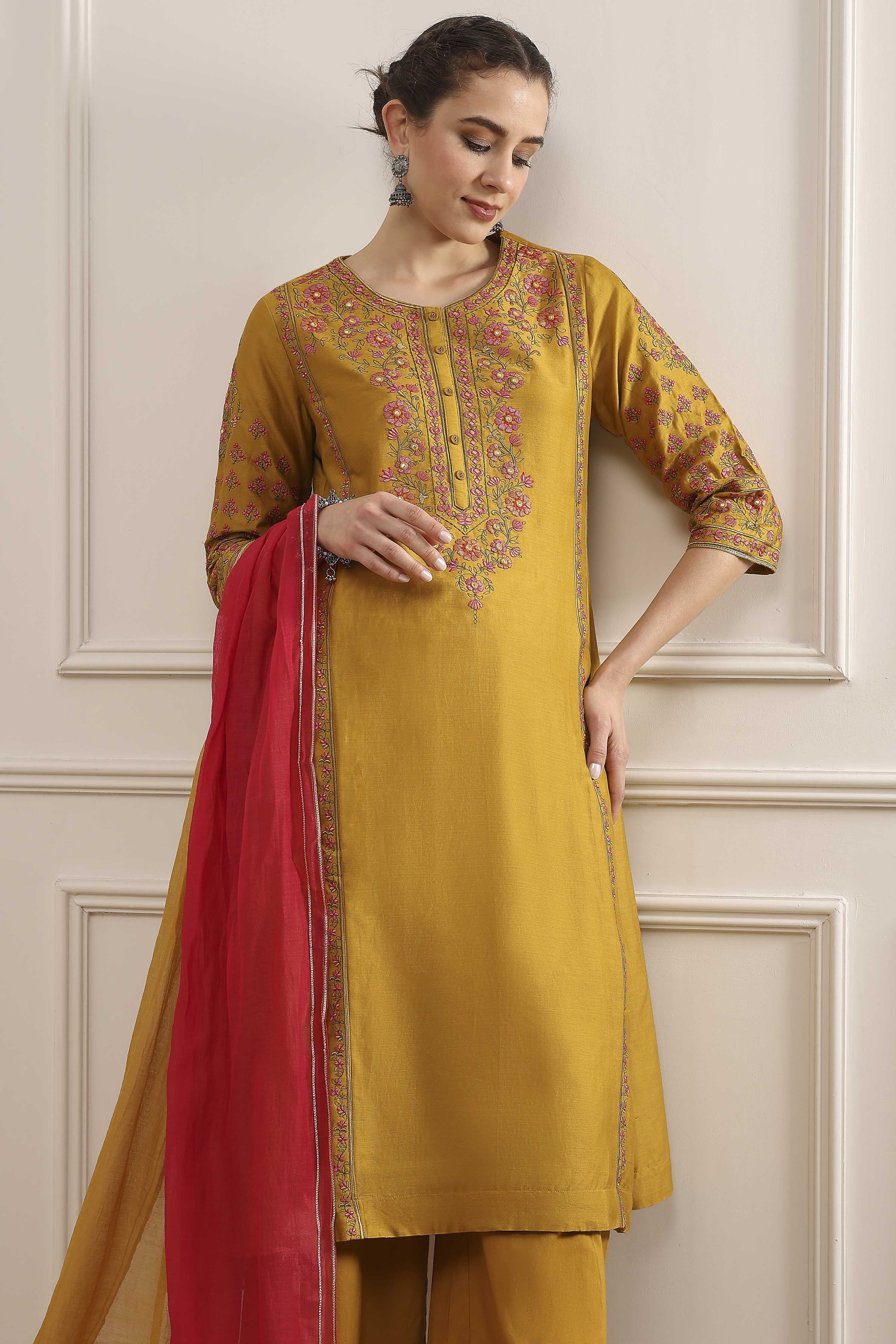 Mustard Yellow Cotton Embroidered Kalidar Suit Set image number 7