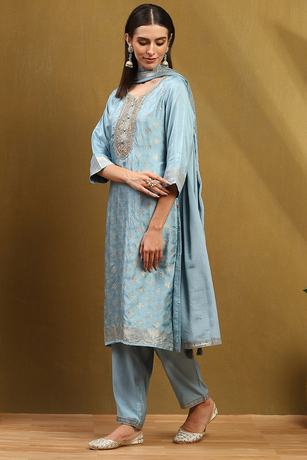 Blue Viscose Blend Yarn Dyed Straight Suit Set image number 3