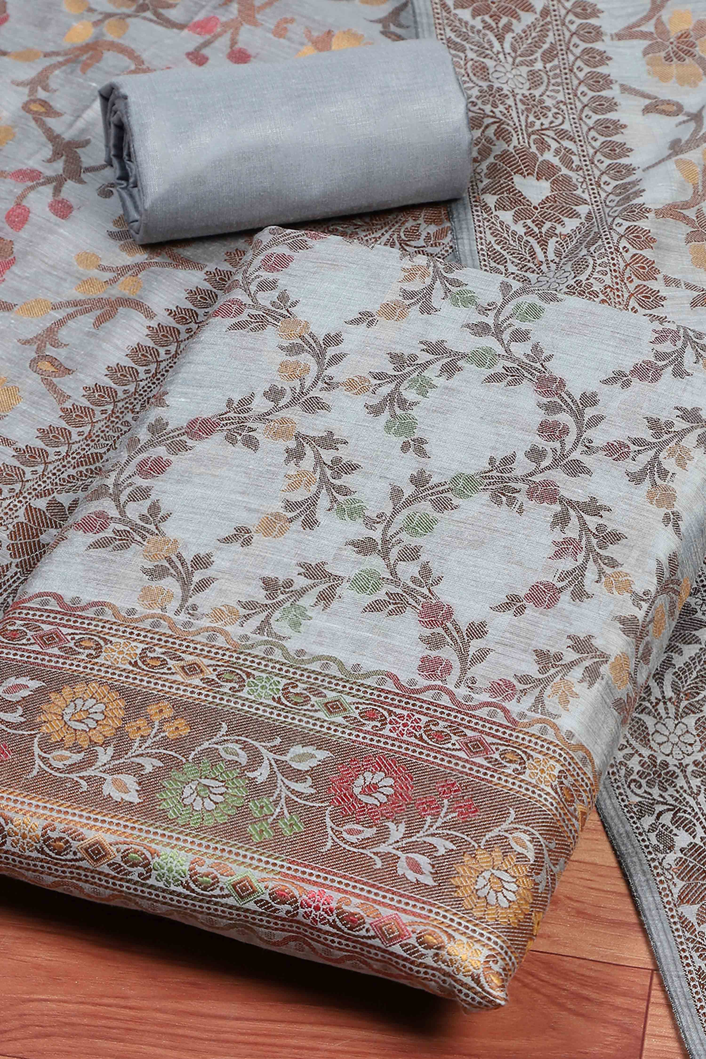 Grey Cotton Printed Embroidered Unstitched Suit Set image number 1