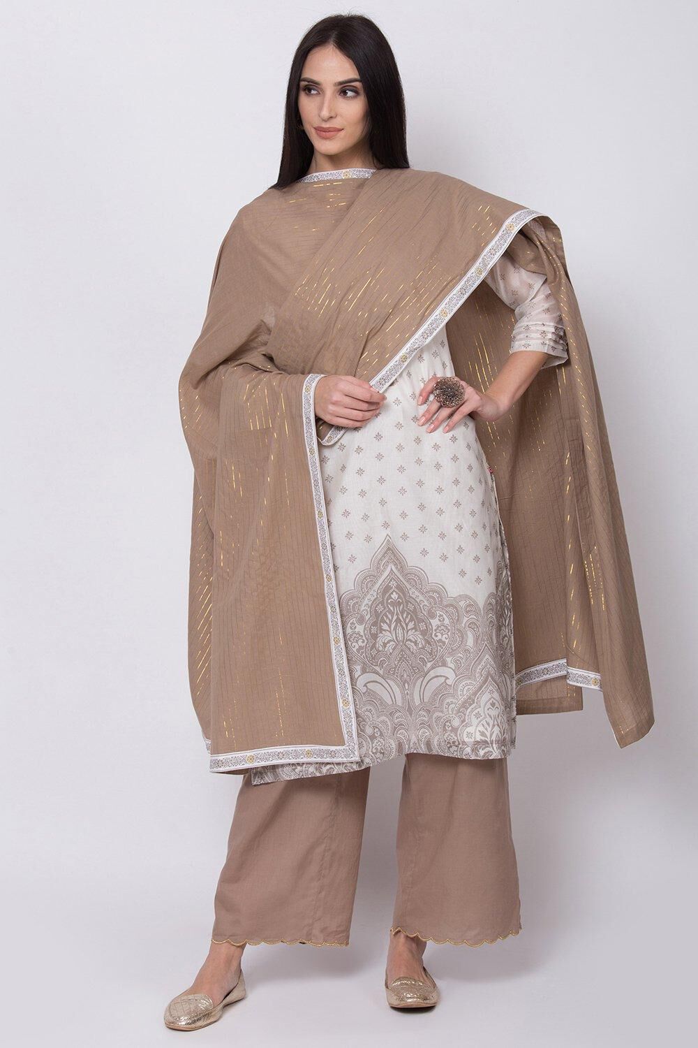 Off White Relaxed Kurta Palazzo Suit Set image number 0