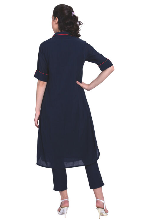 Navy Blue A-Line Cotton And Viscose Solid Kurta image number 4