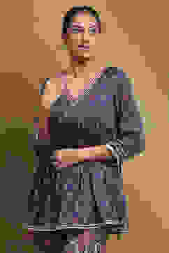 Navy Blue Viscose Floral Peplum Suit Set image number 1