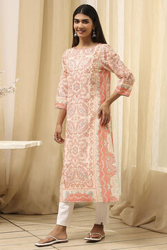 Peach-Colored Cotton Printed Straight Kurta image number 2