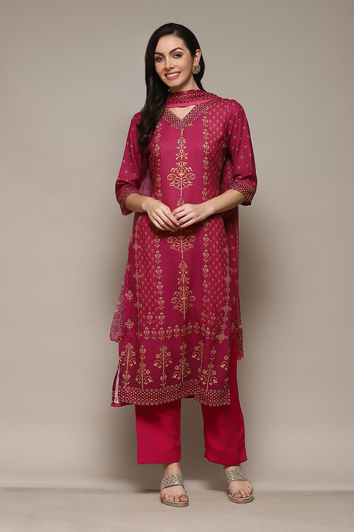 Dark Pink Cotton Blend Digital Print Unstitched Suit Set image number 8