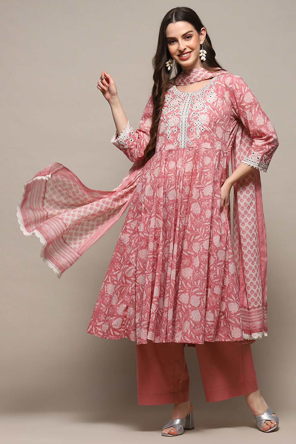 Pink Cotton Anarkali Suit Set at Biba India