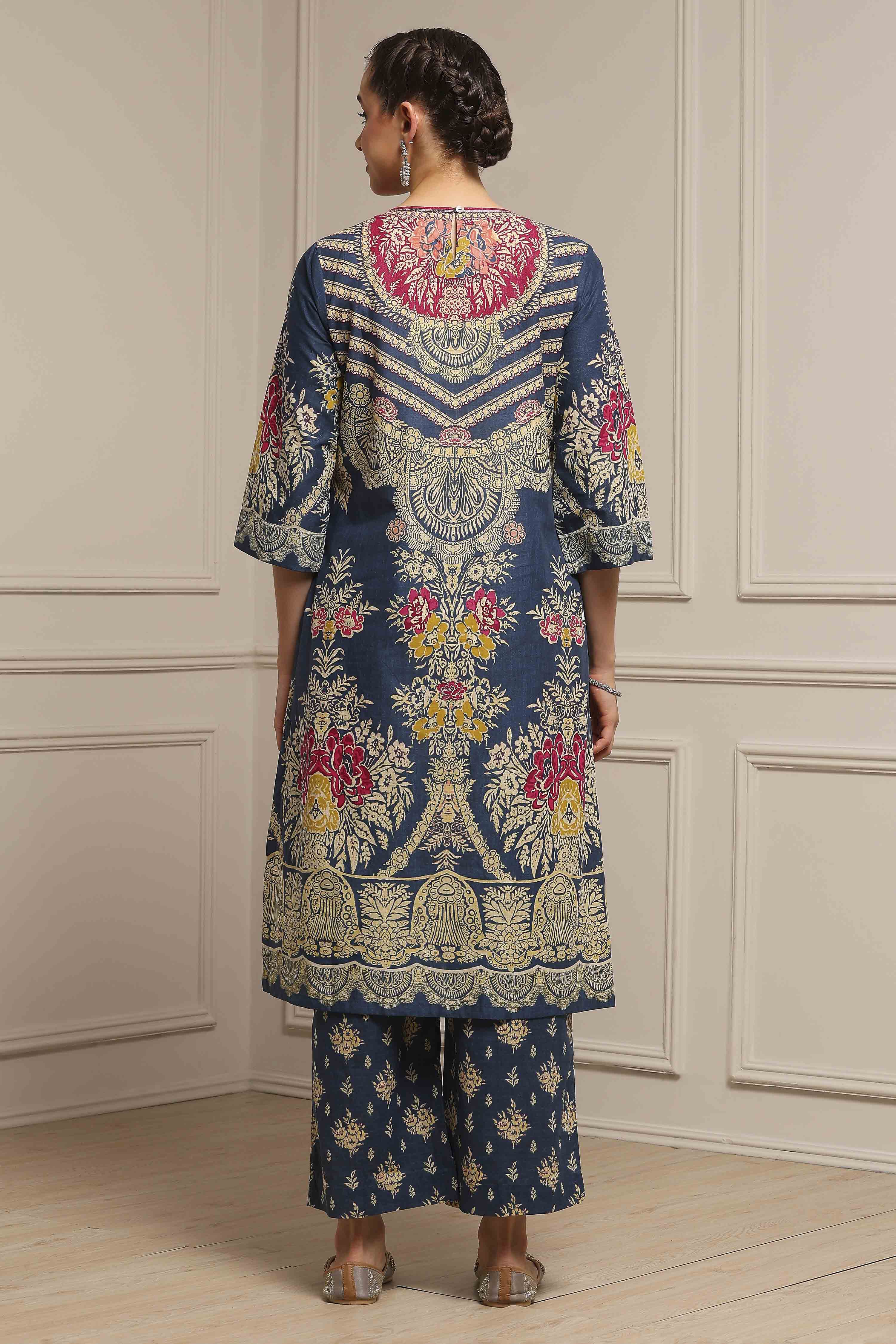 Blue Cotton Printed Straight Suit Set image number 4