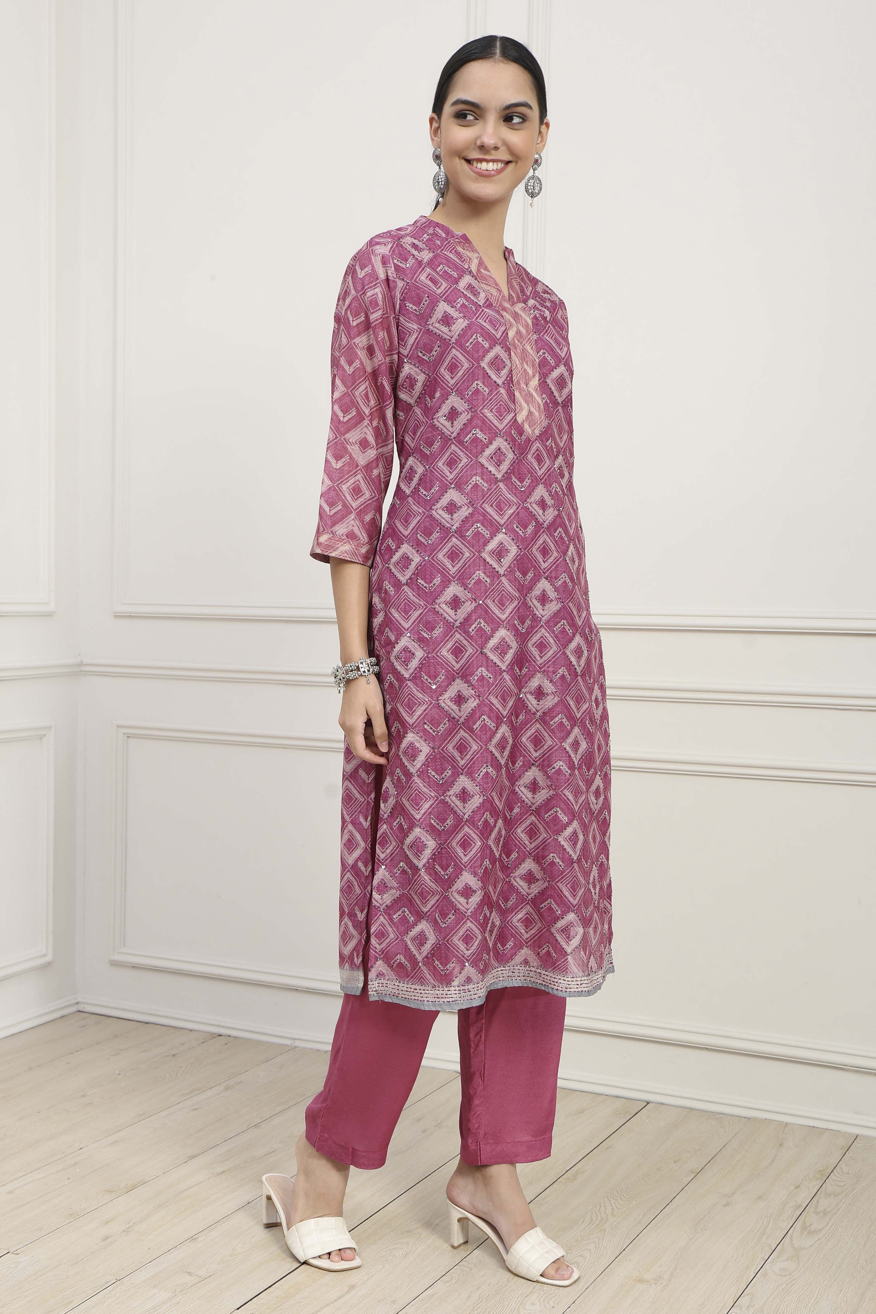 Pink Silk Blend Printed Unstitched Suit Set image number 6