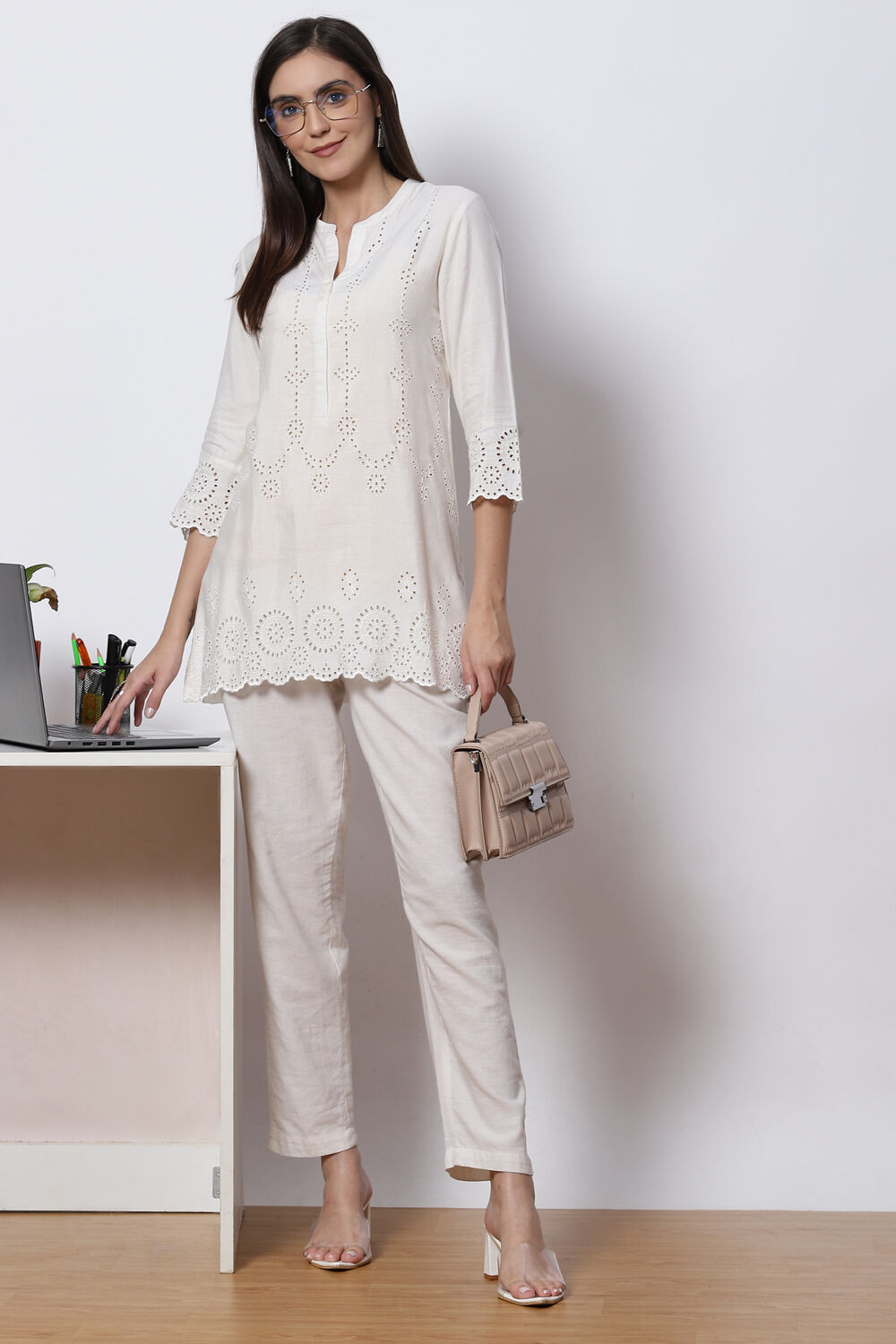 Natural White LIVA Short Solid Kurti image number 5