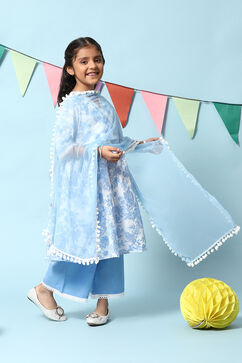 Blue Cotton Gathered Kurta Straight Palazzo Suit Set image number 6