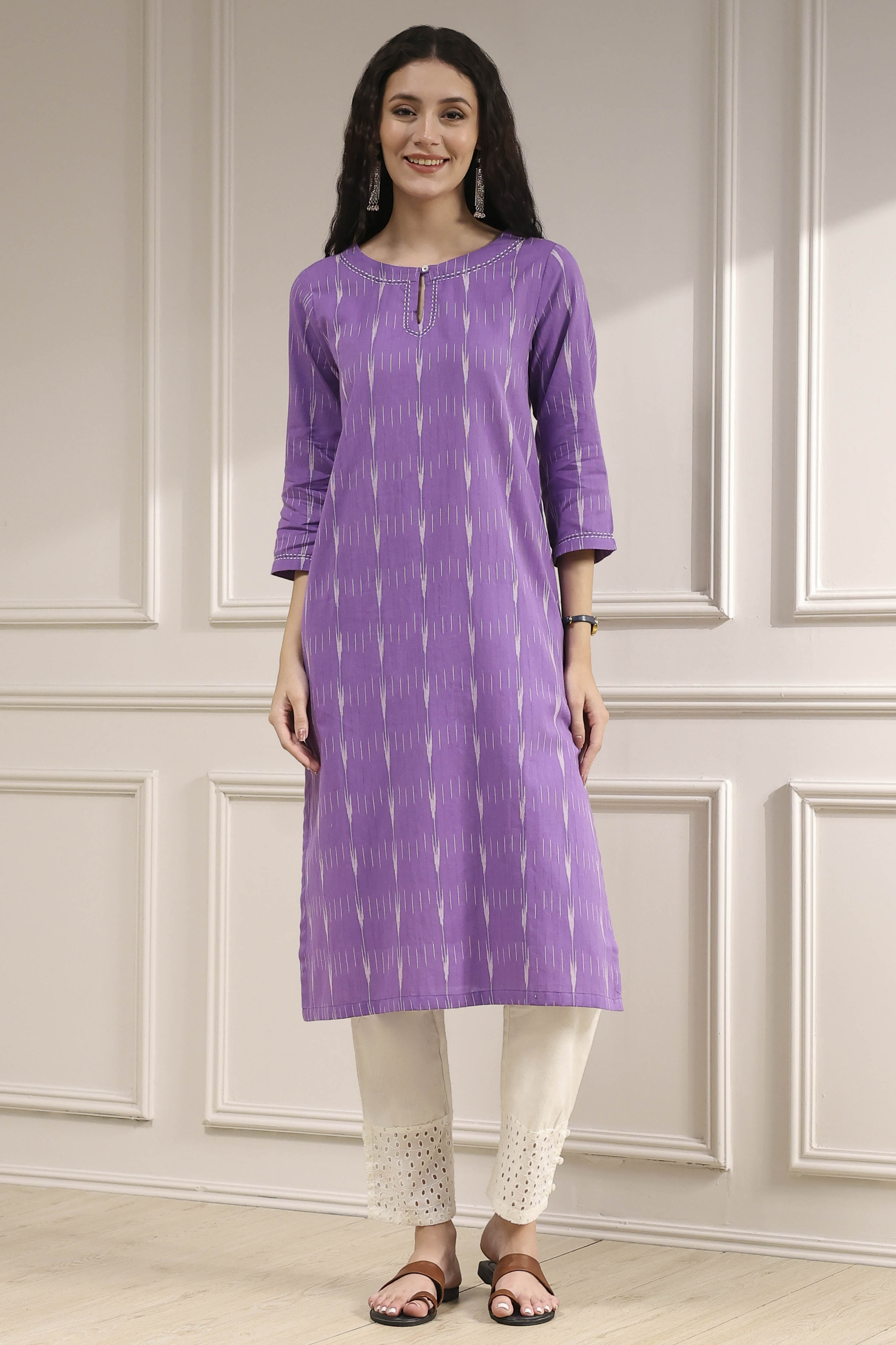 Purple Cotton Ikat Straight Kurta image number 5