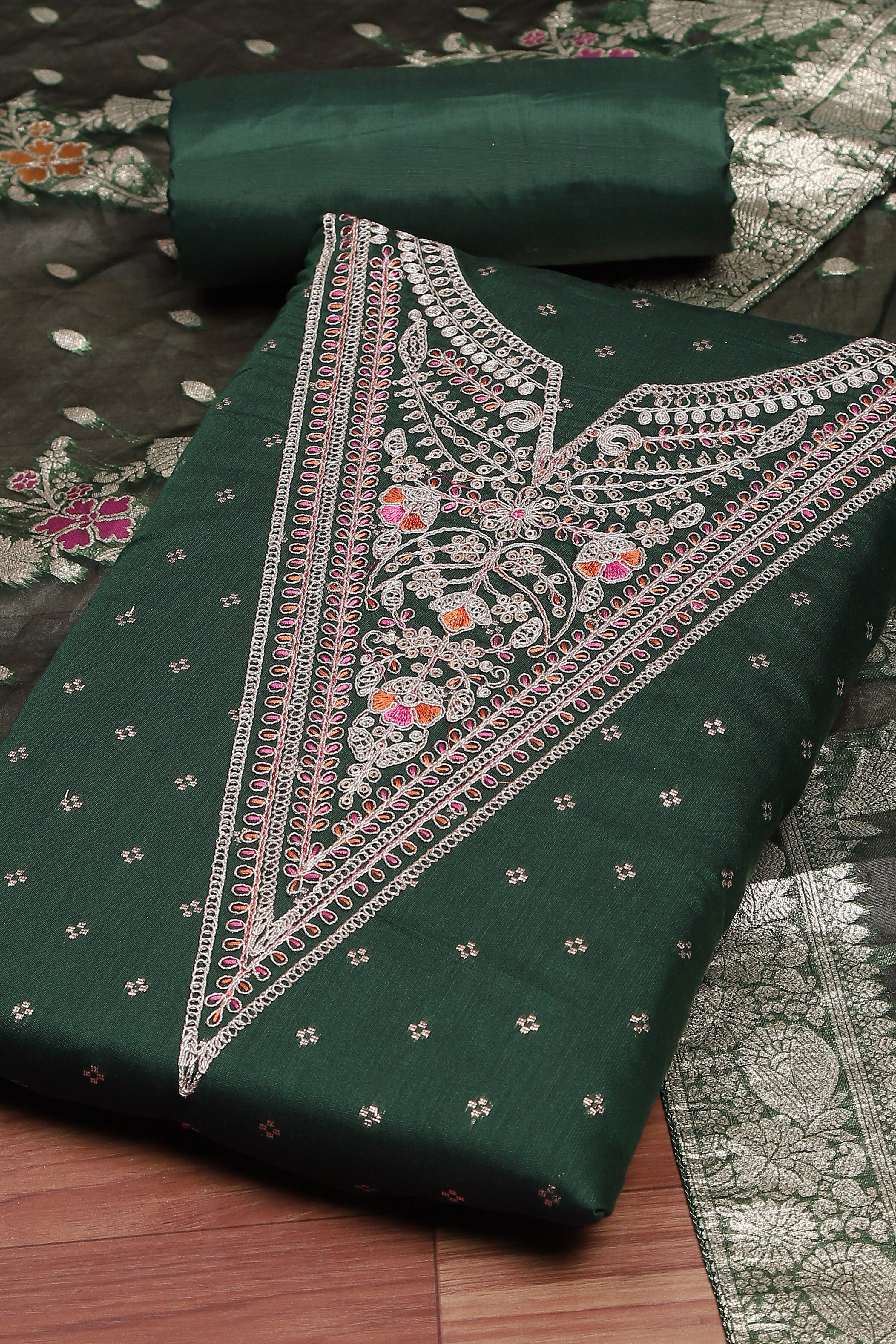 Botle Green Tissue Chanderi Embroidered Unstitched Suit Set image number 1