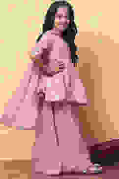 Pink Viscose Chanderi Printed Festive Flared Suit Set image number 5