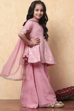 Pink Viscose Chanderi Printed Festive Flared Suit Set image number 5