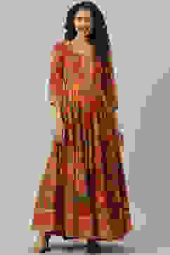 Red Cotton Flared Fusion Printed Dress image number 5