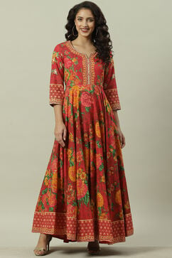 Red Cotton Flared Fusion Printed Dress image number 5