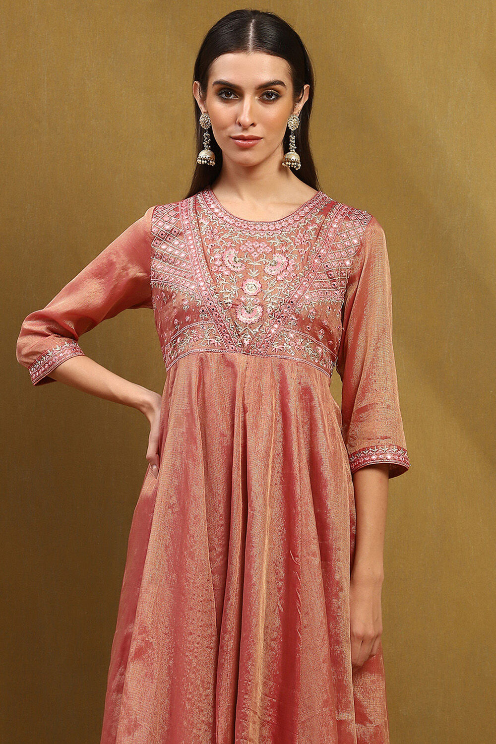 Old Rose-Toned Zari Cotton Embroidered Anarkali Suit Set image number 1