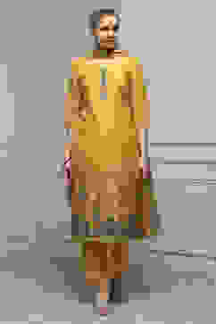 Yellow Chanderi Blend Printed Embroidered Unstitched Suit Set image number 1