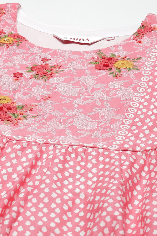 Coral Red Cotton Anarkali Kurta Churidar Suit Set image number 1