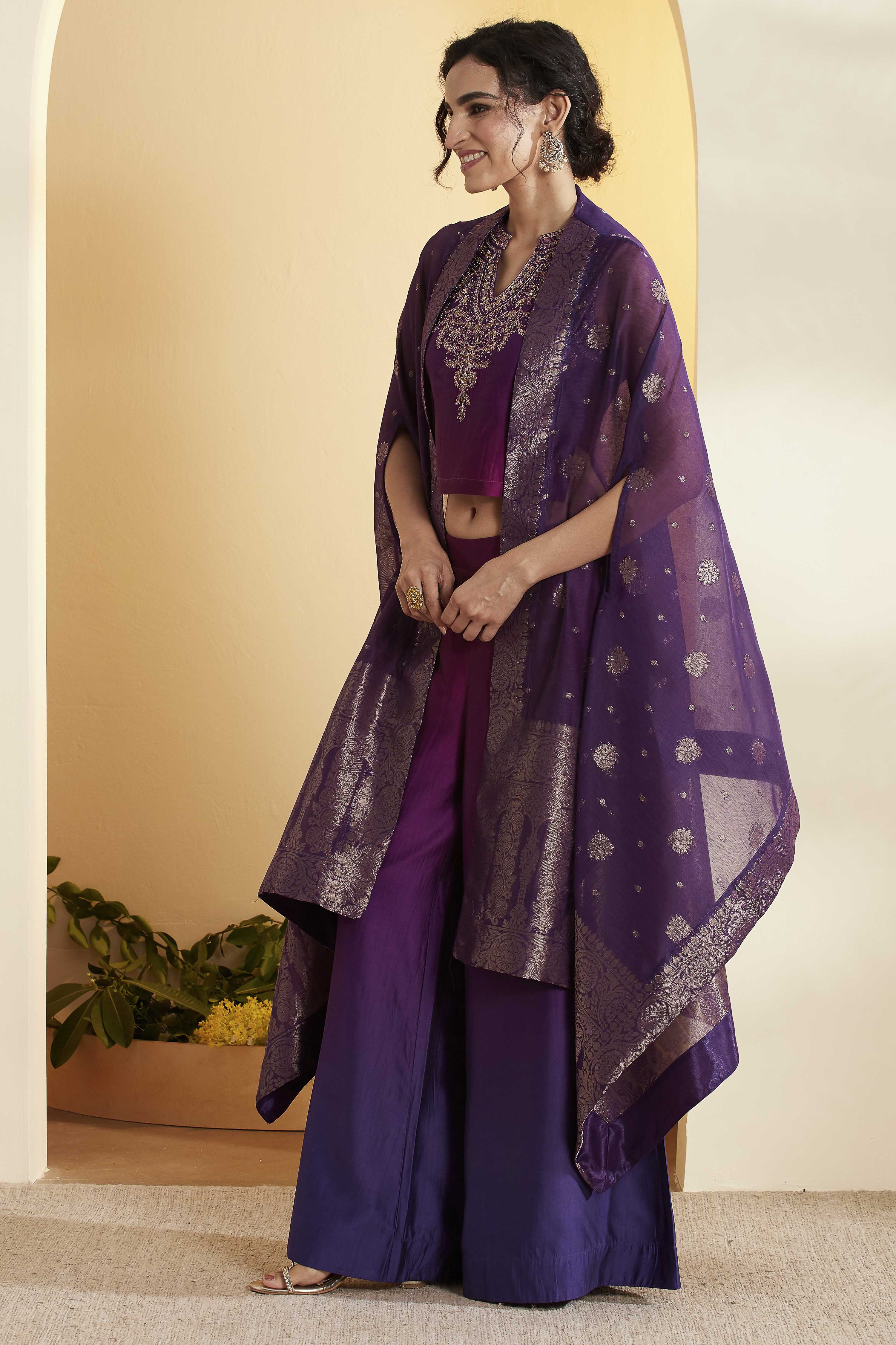 Purple Royal Silk Yoke Design Fusion Set image number 3