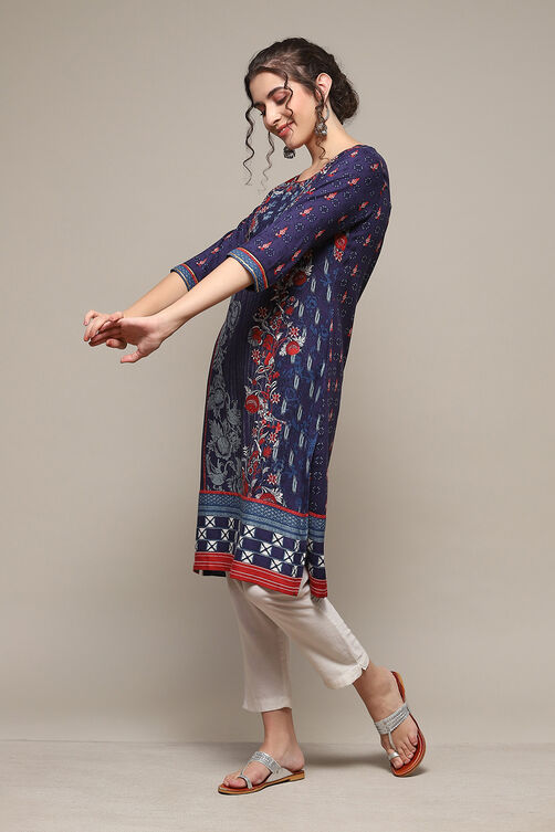 Navy LIVA Straight Printed Kurta image number 0