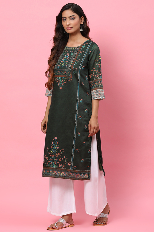 Dark Green A-Line Cotton Kurta image number 2