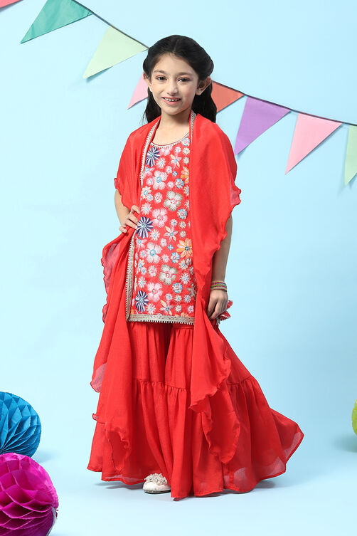 Red Polyester A-Line Printed Kurta Sharara Suit Set image number 3