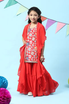 Red Polyester A-Line Printed Kurta Sharara Suit Set image number 3
