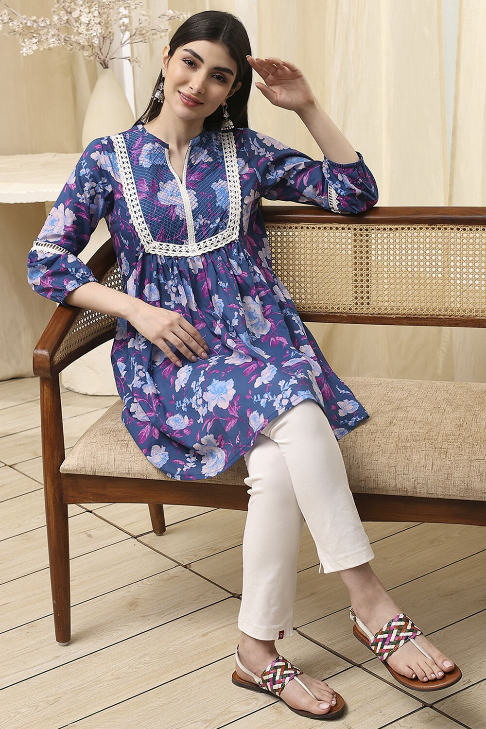 Earthy Blue Cotton Floral Flared Short Kurta image number 0