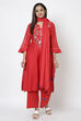 Red Poly Cotton Straight Kurta Palazzo Suit Set image number 3