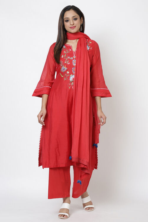 Red Poly Cotton Straight Kurta Palazzo Suit Set image number 3