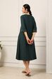 Green Cotton Solid Pleated A-Line Dress image number 4