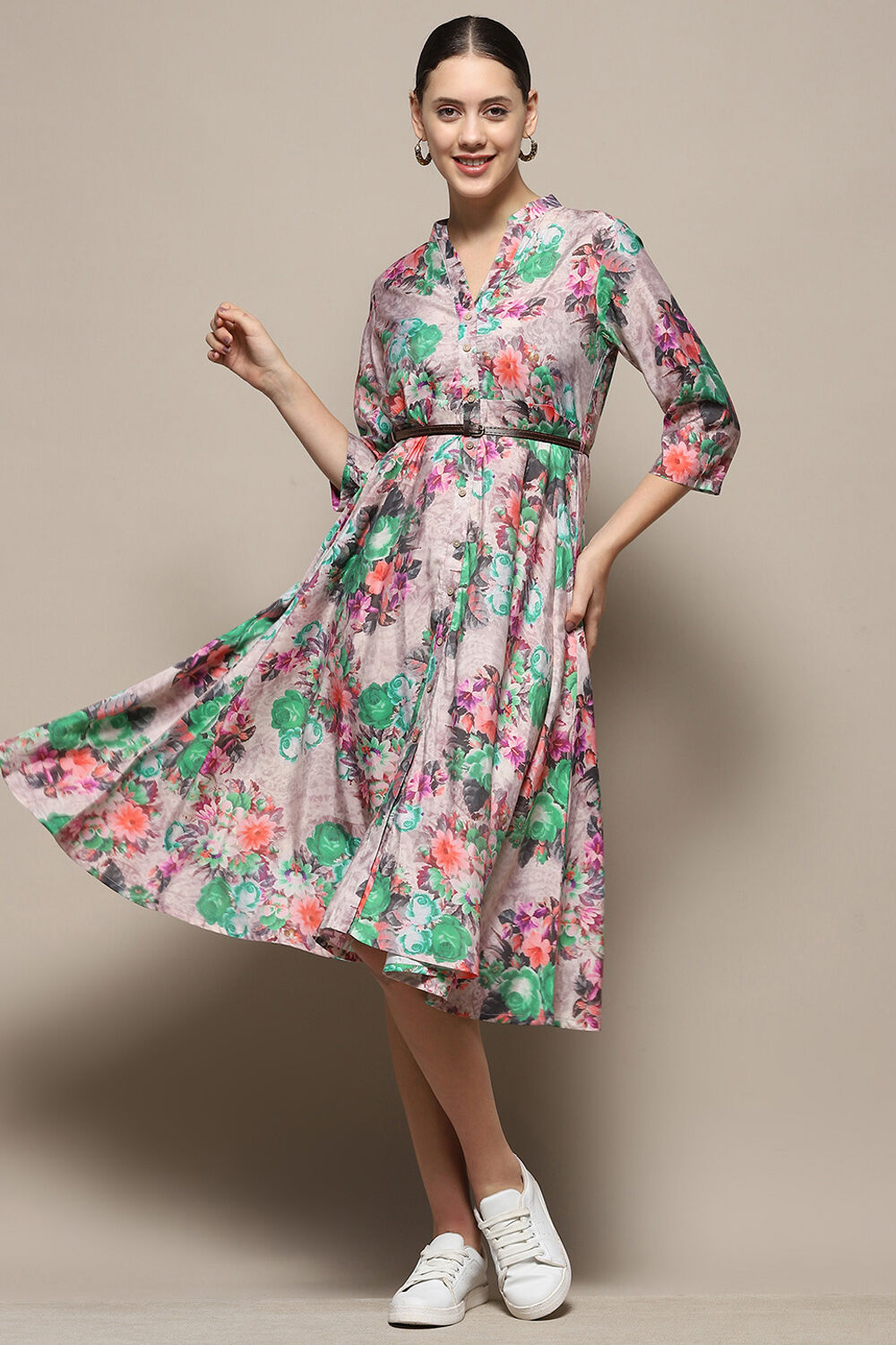 Multi coloured Floral Block Printed A line Dress at Biba India