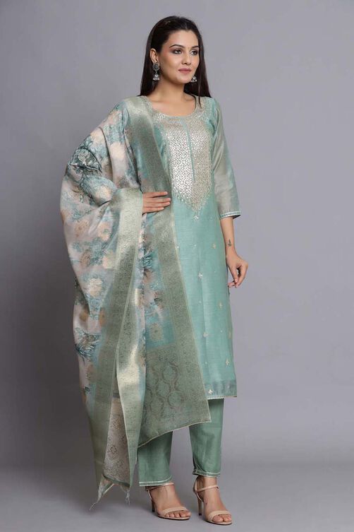 Green Unstitched dress material Suit Set image number 2