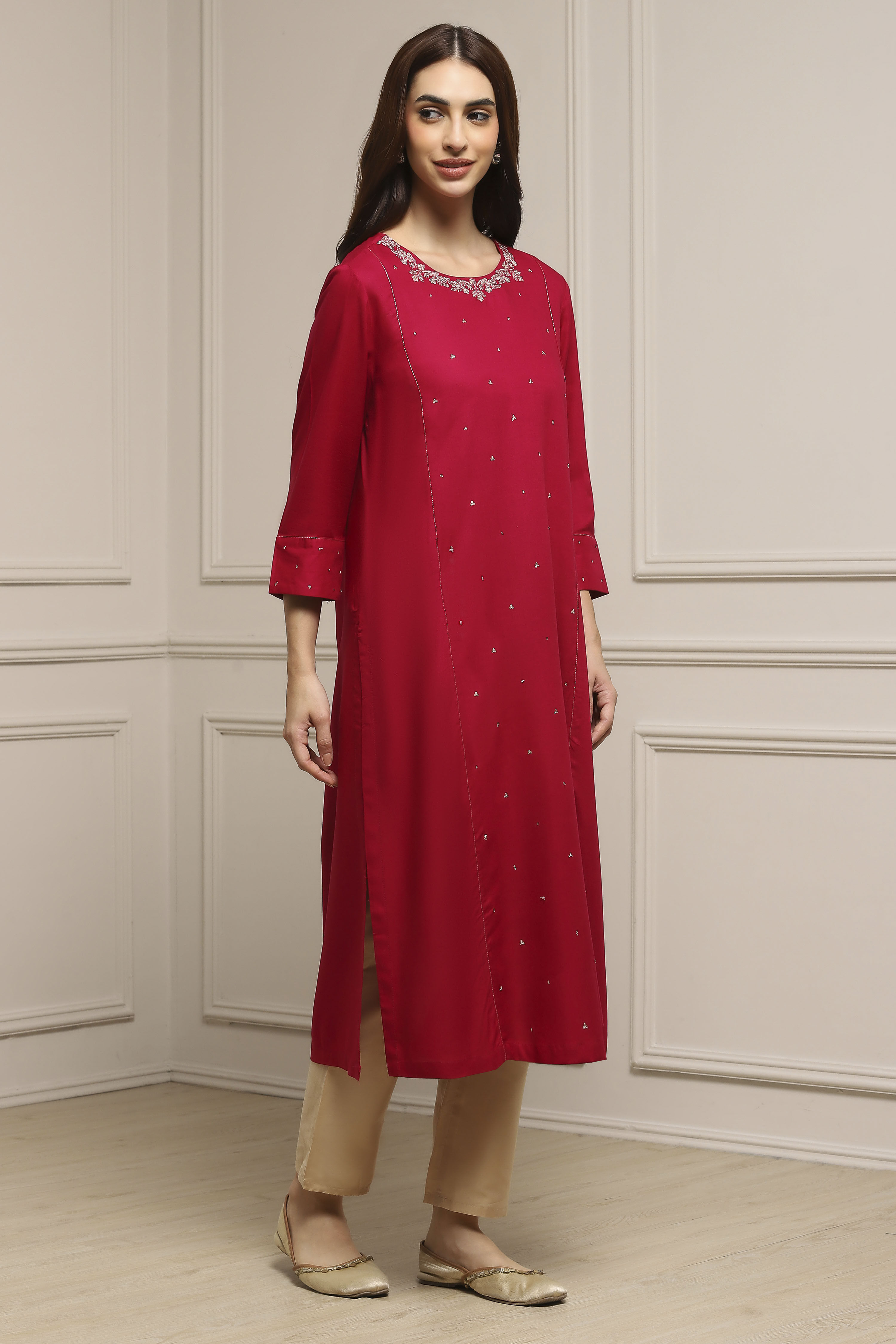 Pink Viscose Rayon Straight Dyed Kurta image number 4