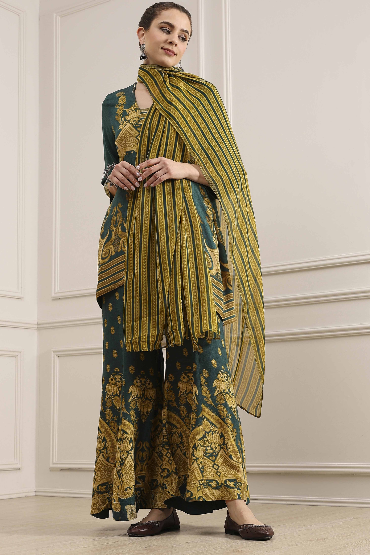 Green Printed Straight Sharara Suit Set