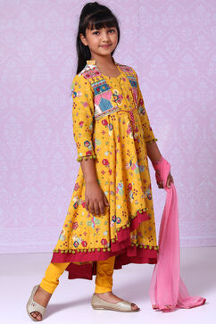 Yellow Cotton A-Line Kurta Churidar Suit Set image number 2