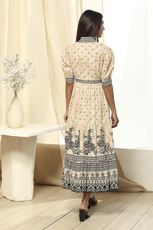 Off-White and Black Cotton Printed Tiered Dress image number 3