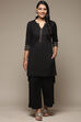 Black Cotton Blend Straight Kurta Palazzo Suit Set image number 6