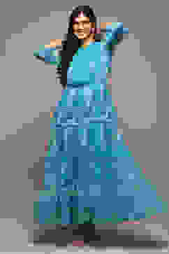 Blue Cotton Blend Tiered Printed Dress image number 0
