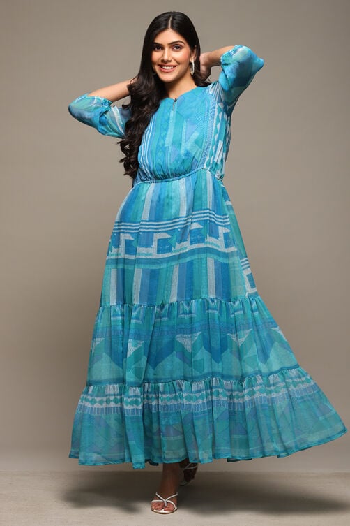Blue Cotton Blend Tiered Printed Dress image number 0