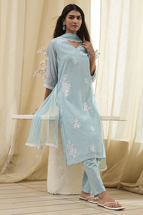 Aqua Embroidered Straight Suit Set image number 0