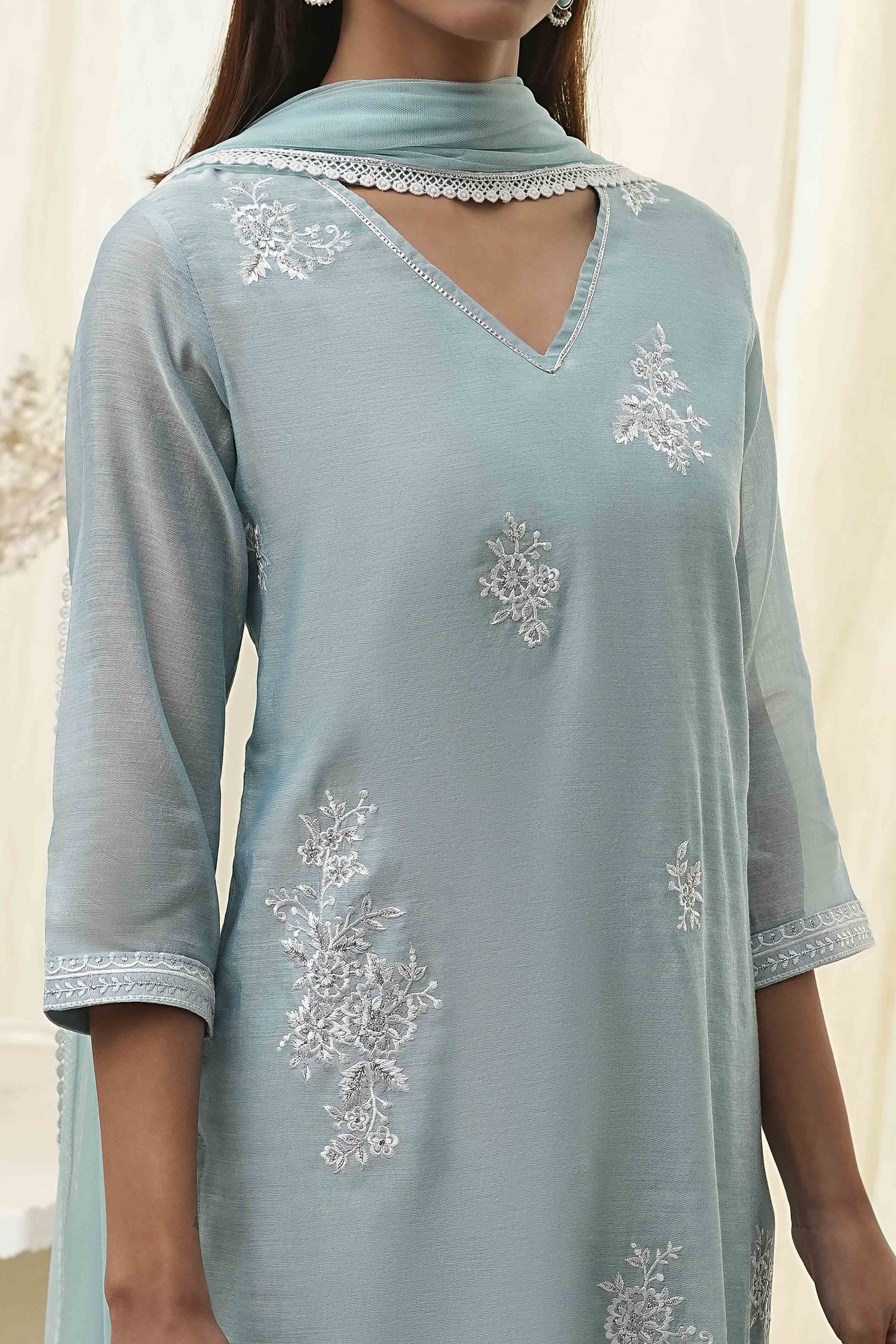 Aqua Embroidered Straight Suit Set image number 1