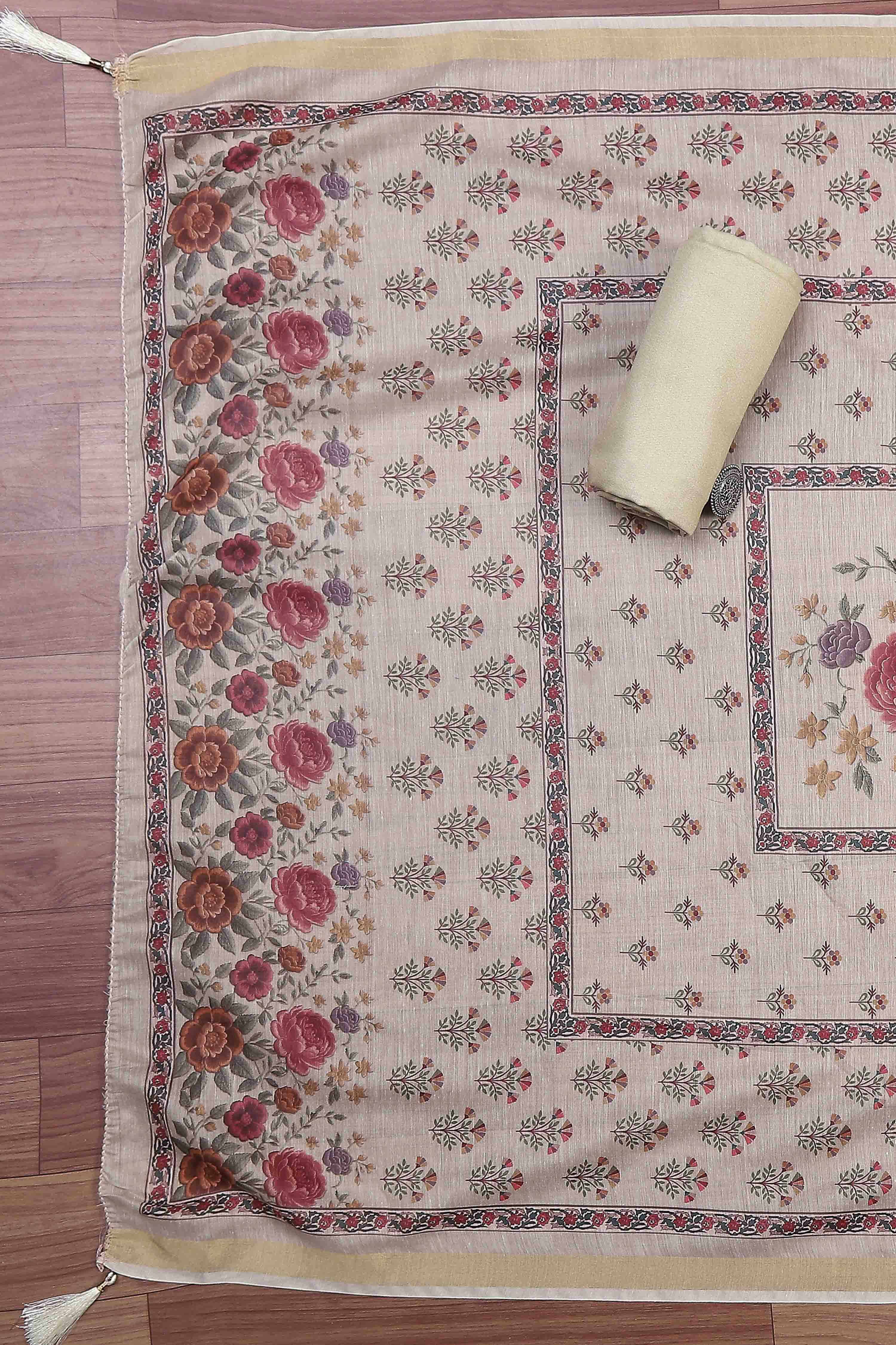 Cream-Toned Muslin Rajasthani Print Unstitched Suit Set image number 3