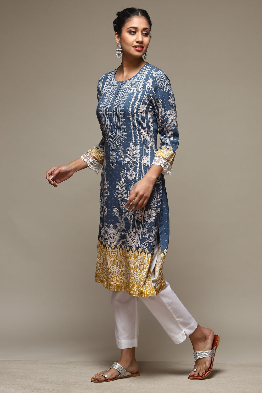 Denim Blue LIVA Straight Printed Kurta image number 2