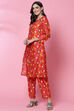 Red Cotton Straight Co-ord Set Kurta Relaxed Pant Suit Set image number 3