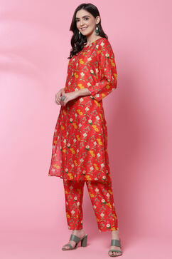Red Cotton Straight Co-ord Set Kurta Relaxed Pant Suit Set image number 3