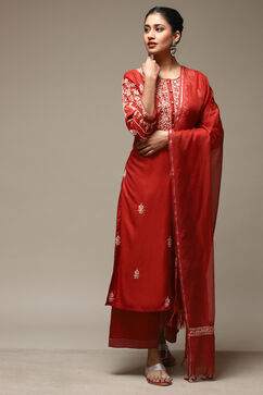 Terracotta Cotton Straight Kurta Palazzo Suit Set image number 7