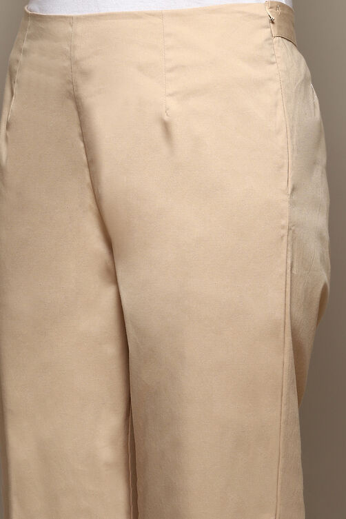 Beige Cotton Slim Solid Pants image number 1