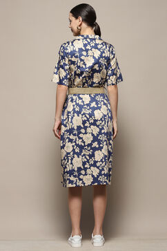 Blue Pure Cotton Floral Printed Straight Dress image number 4